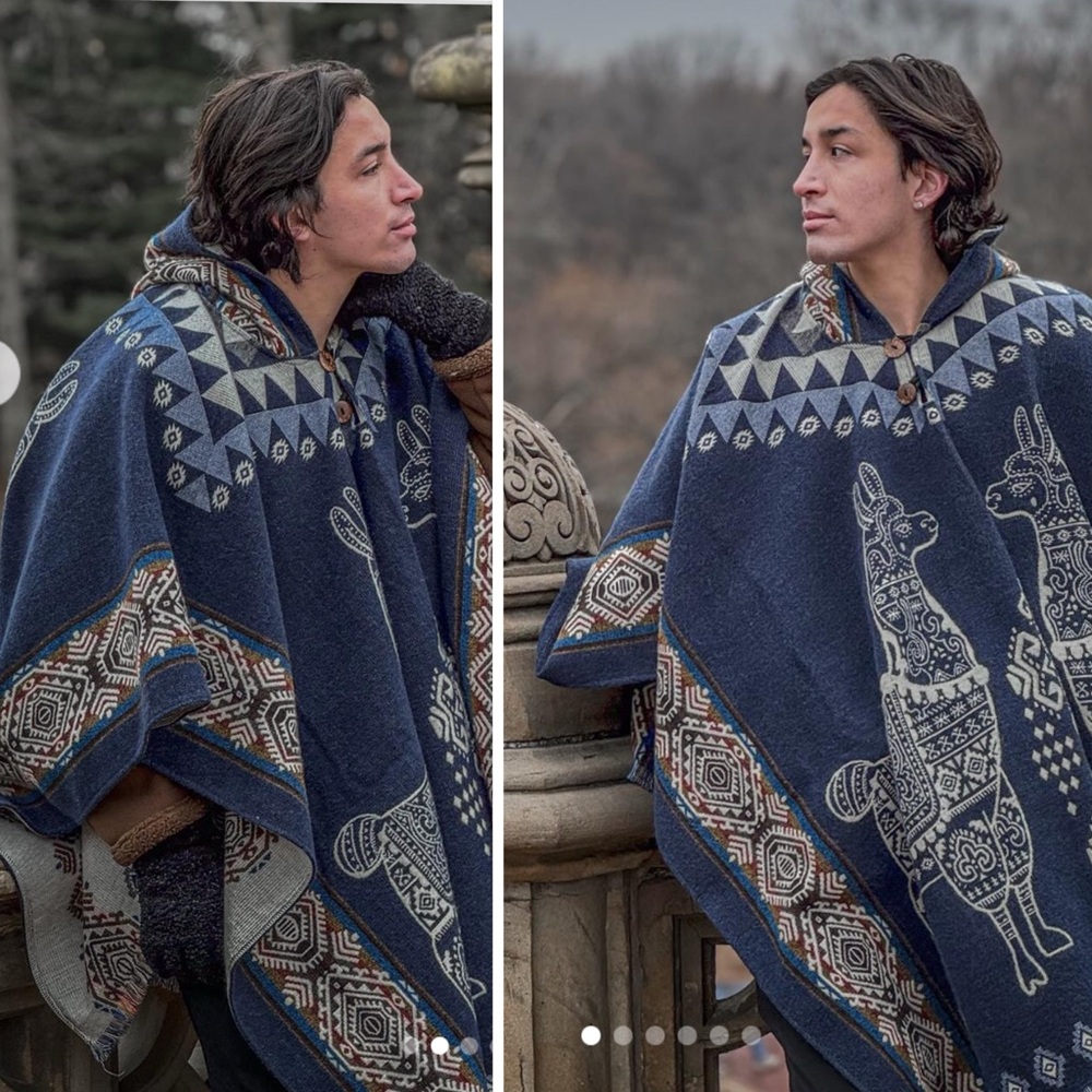Alpaca Wool Hooded Poncho Llama Andean Handmade Fringe Boho Festival Unisex Cape - Picture 5 of 12